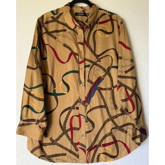 Lauren Ralph Lauren Shirt Women Size 2X Beige Equestrian Print Cotton Button Up - Picture 1 of 16